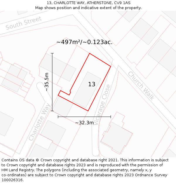 13, CHARLOTTE WAY, ATHERSTONE, CV9 1AS: Plot and title map