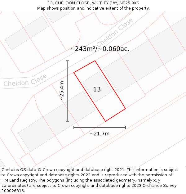 13, CHELDON CLOSE, WHITLEY BAY, NE25 9XS: Plot and title map