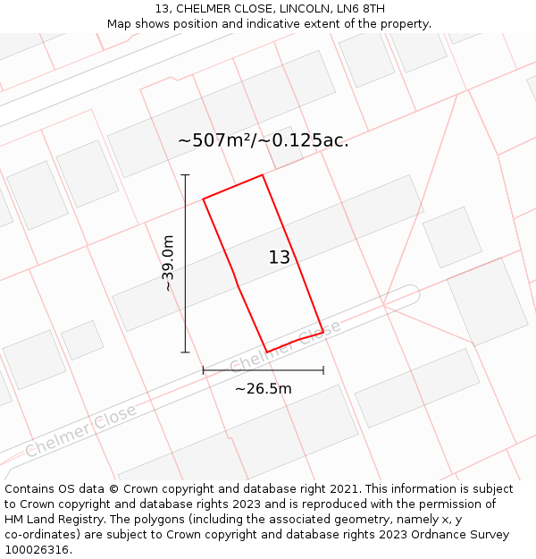 13, CHELMER CLOSE, LINCOLN, LN6 8TH: Plot and title map