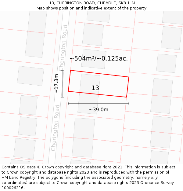 13, CHERINGTON ROAD, CHEADLE, SK8 1LN: Plot and title map