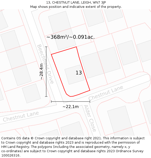 13, CHESTNUT LANE, LEIGH, WN7 3JP: Plot and title map