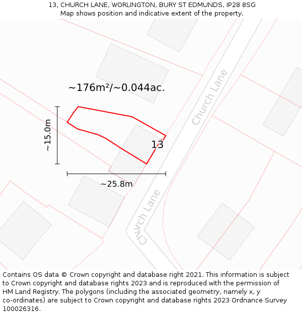 13, CHURCH LANE, WORLINGTON, BURY ST EDMUNDS, IP28 8SG: Plot and title map