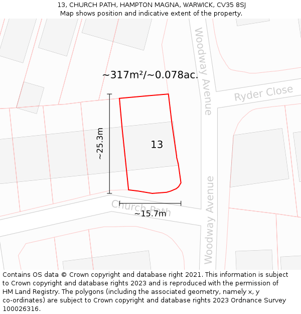 13, CHURCH PATH, HAMPTON MAGNA, WARWICK, CV35 8SJ: Plot and title map