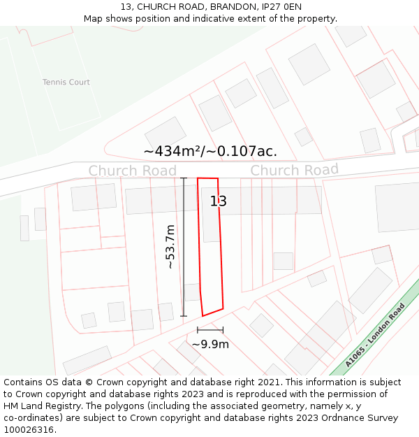 13, CHURCH ROAD, BRANDON, IP27 0EN: Plot and title map