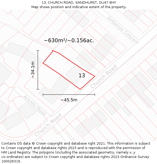 13, CHURCH ROAD, SANDHURST, GU47 8HY: Plot and title map