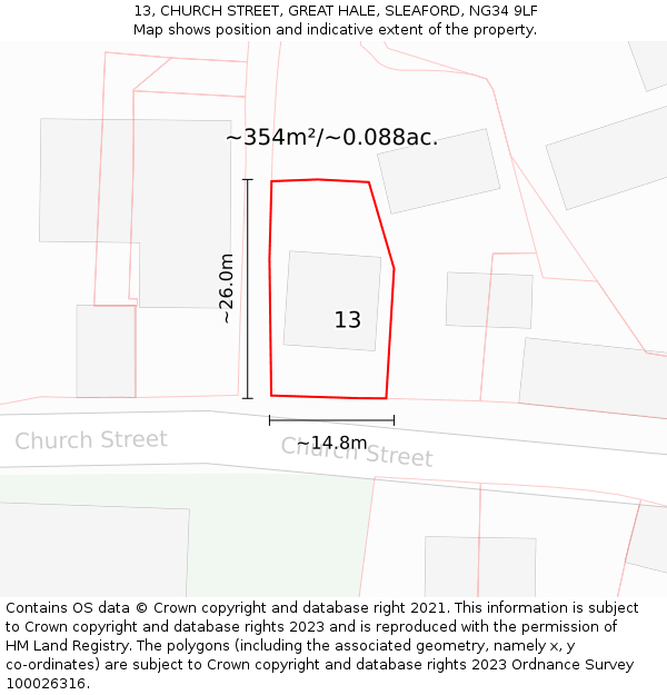 13, CHURCH STREET, GREAT HALE, SLEAFORD, NG34 9LF: Plot and title map