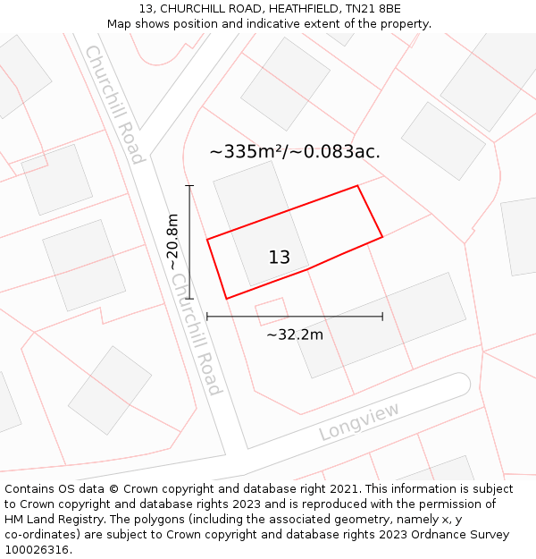 13, CHURCHILL ROAD, HEATHFIELD, TN21 8BE: Plot and title map