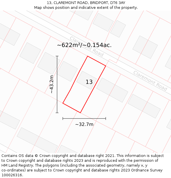 13, CLAREMONT ROAD, BRIDPORT, DT6 3AY: Plot and title map