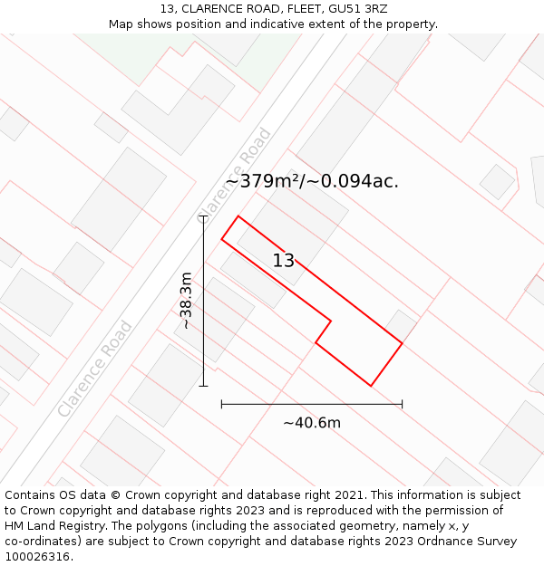 13, CLARENCE ROAD, FLEET, GU51 3RZ: Plot and title map