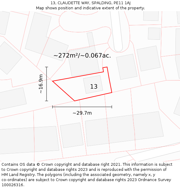 13, CLAUDETTE WAY, SPALDING, PE11 1AJ: Plot and title map