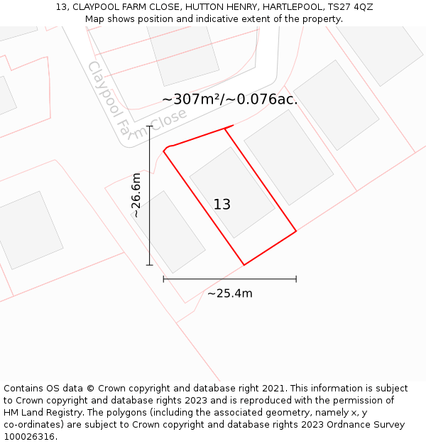 13, CLAYPOOL FARM CLOSE, HUTTON HENRY, HARTLEPOOL, TS27 4QZ: Plot and title map