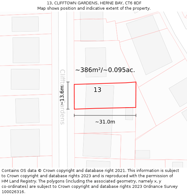 13, CLIFFTOWN GARDENS, HERNE BAY, CT6 8DF: Plot and title map