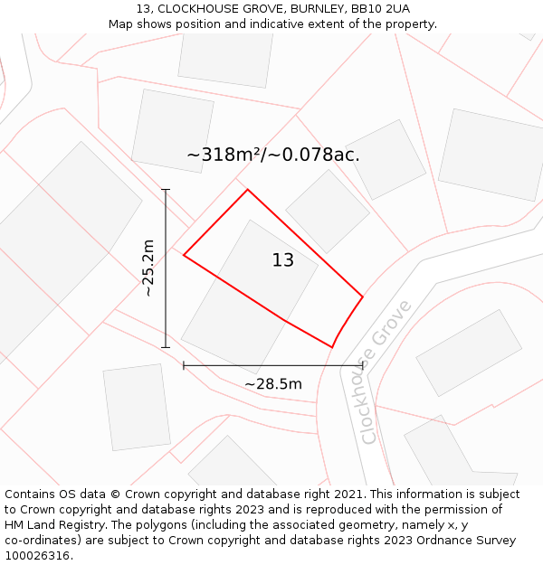 13, CLOCKHOUSE GROVE, BURNLEY, BB10 2UA: Plot and title map