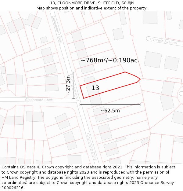 13, CLOONMORE DRIVE, SHEFFIELD, S8 8JN: Plot and title map