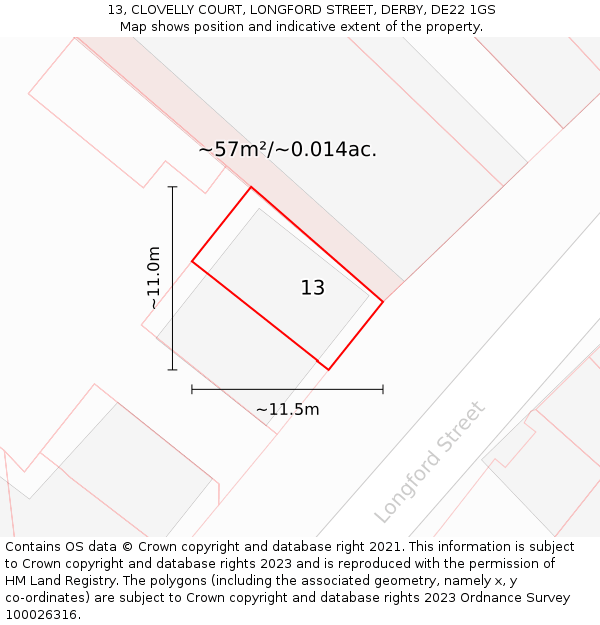 13, CLOVELLY COURT, LONGFORD STREET, DERBY, DE22 1GS: Plot and title map