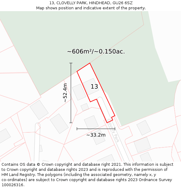 13, CLOVELLY PARK, HINDHEAD, GU26 6SZ: Plot and title map