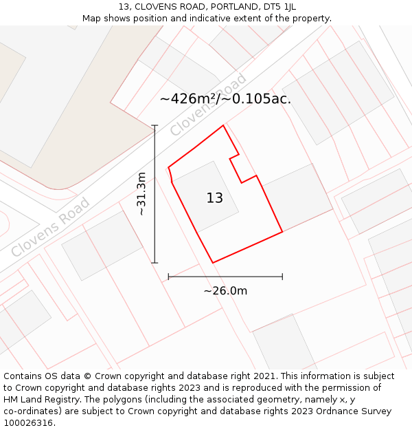 13, CLOVENS ROAD, PORTLAND, DT5 1JL: Plot and title map