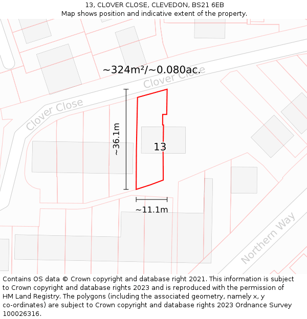 13, CLOVER CLOSE, CLEVEDON, BS21 6EB: Plot and title map