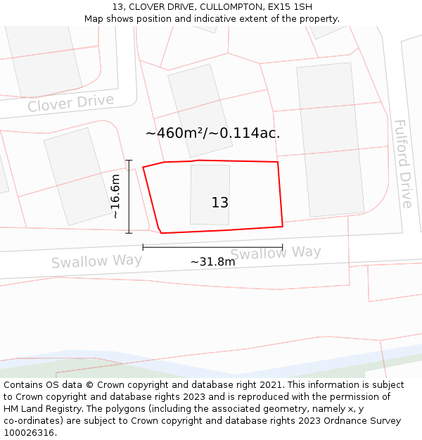 13, CLOVER DRIVE, CULLOMPTON, EX15 1SH: Plot and title map