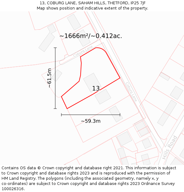 13, COBURG LANE, SAHAM HILLS, THETFORD, IP25 7JF: Plot and title map