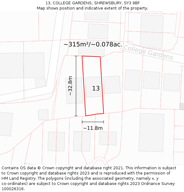 13, COLLEGE GARDENS, SHREWSBURY, SY3 9BF: Plot and title map