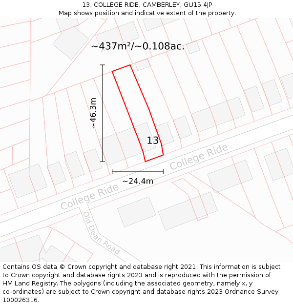 13, COLLEGE RIDE, CAMBERLEY, GU15 4JP: Plot and title map