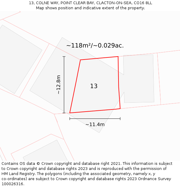 13, COLNE WAY, POINT CLEAR BAY, CLACTON-ON-SEA, CO16 8LL: Plot and title map