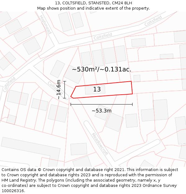 13, COLTSFIELD, STANSTED, CM24 8LH: Plot and title map