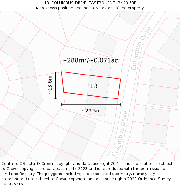 13, COLUMBUS DRIVE, EASTBOURNE, BN23 6RR: Plot and title map