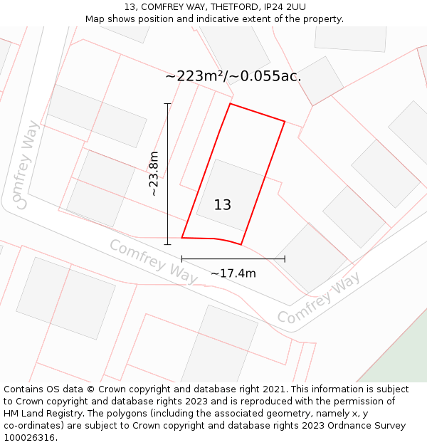 13, COMFREY WAY, THETFORD, IP24 2UU: Plot and title map