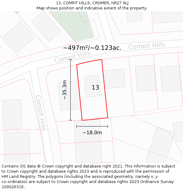 13, COMPIT HILLS, CROMER, NR27 9LJ: Plot and title map