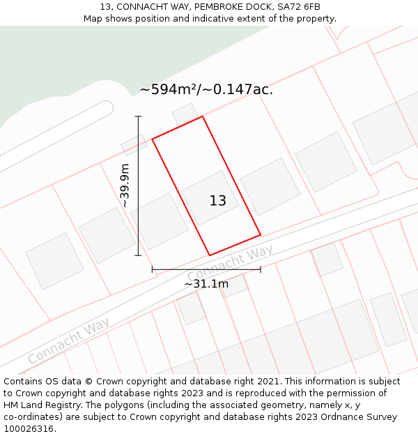 13, CONNACHT WAY, PEMBROKE DOCK, SA72 6FB: Plot and title map