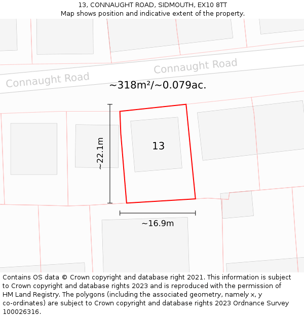 13, CONNAUGHT ROAD, SIDMOUTH, EX10 8TT: Plot and title map