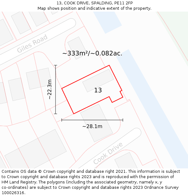 13, COOK DRIVE, SPALDING, PE11 2FP: Plot and title map