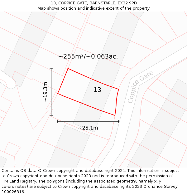 13, COPPICE GATE, BARNSTAPLE, EX32 9PD: Plot and title map