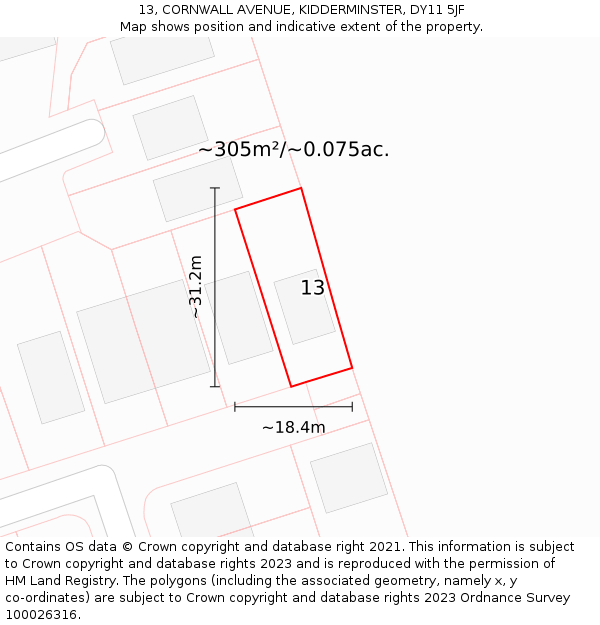 13, CORNWALL AVENUE, KIDDERMINSTER, DY11 5JF: Plot and title map