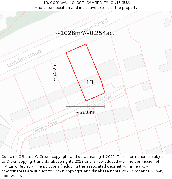 13, CORNWALL CLOSE, CAMBERLEY, GU15 3UA: Plot and title map