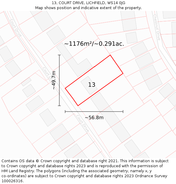 13, COURT DRIVE, LICHFIELD, WS14 0JG: Plot and title map