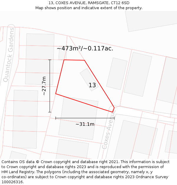 13, COXES AVENUE, RAMSGATE, CT12 6SD: Plot and title map