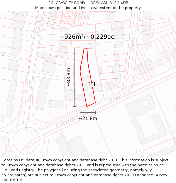 13, CRAWLEY ROAD, HORSHAM, RH12 4DR: Plot and title map