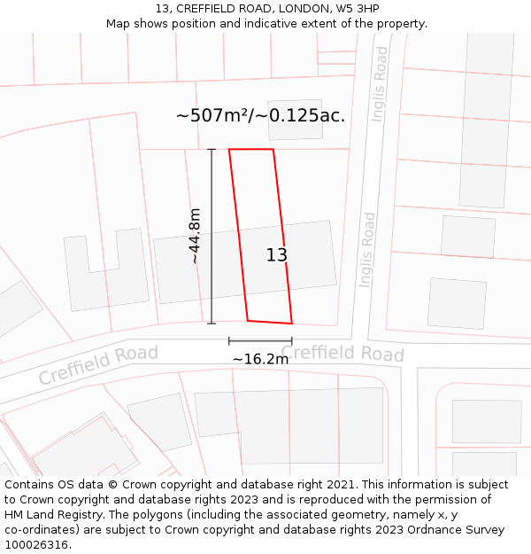 13, CREFFIELD ROAD, LONDON, W5 3HP: Plot and title map