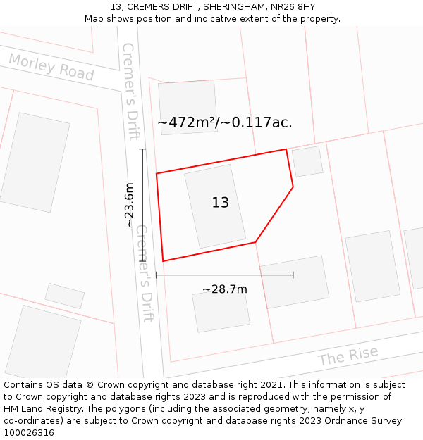 13, CREMERS DRIFT, SHERINGHAM, NR26 8HY: Plot and title map