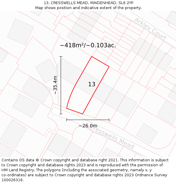 13, CRESSWELLS MEAD, MAIDENHEAD, SL6 2YP: Plot and title map