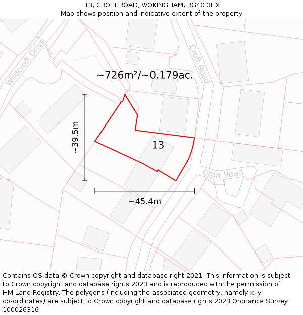 13, CROFT ROAD, WOKINGHAM, RG40 3HX: Plot and title map