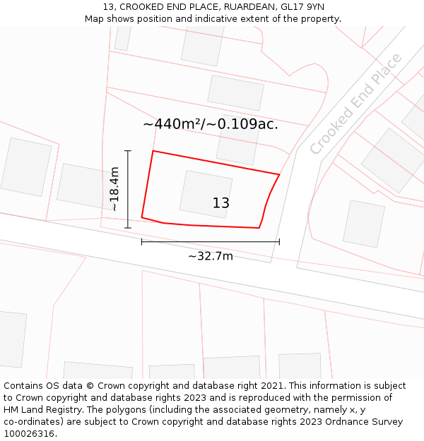 13, CROOKED END PLACE, RUARDEAN, GL17 9YN: Plot and title map