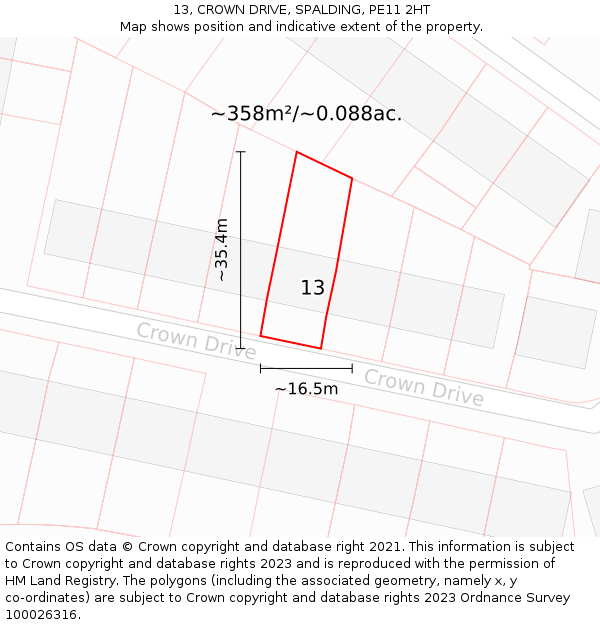 13, CROWN DRIVE, SPALDING, PE11 2HT: Plot and title map