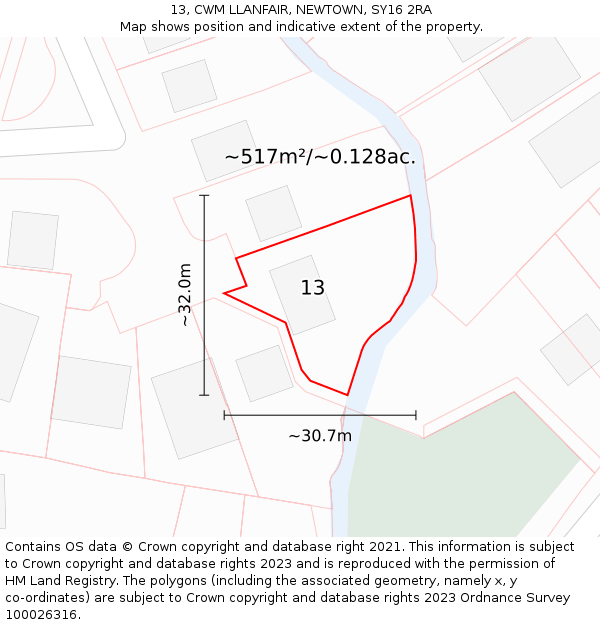 13, CWM LLANFAIR, NEWTOWN, SY16 2RA: Plot and title map