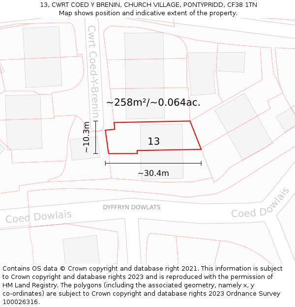 13, CWRT COED Y BRENIN, CHURCH VILLAGE, PONTYPRIDD, CF38 1TN: Plot and title map