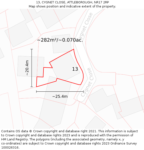 13, CYGNET CLOSE, ATTLEBOROUGH, NR17 2RP: Plot and title map