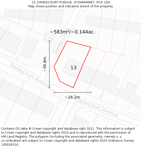 13, DANESCOURT AVENUE, STOWMARKET, IP14 1QH: Plot and title map